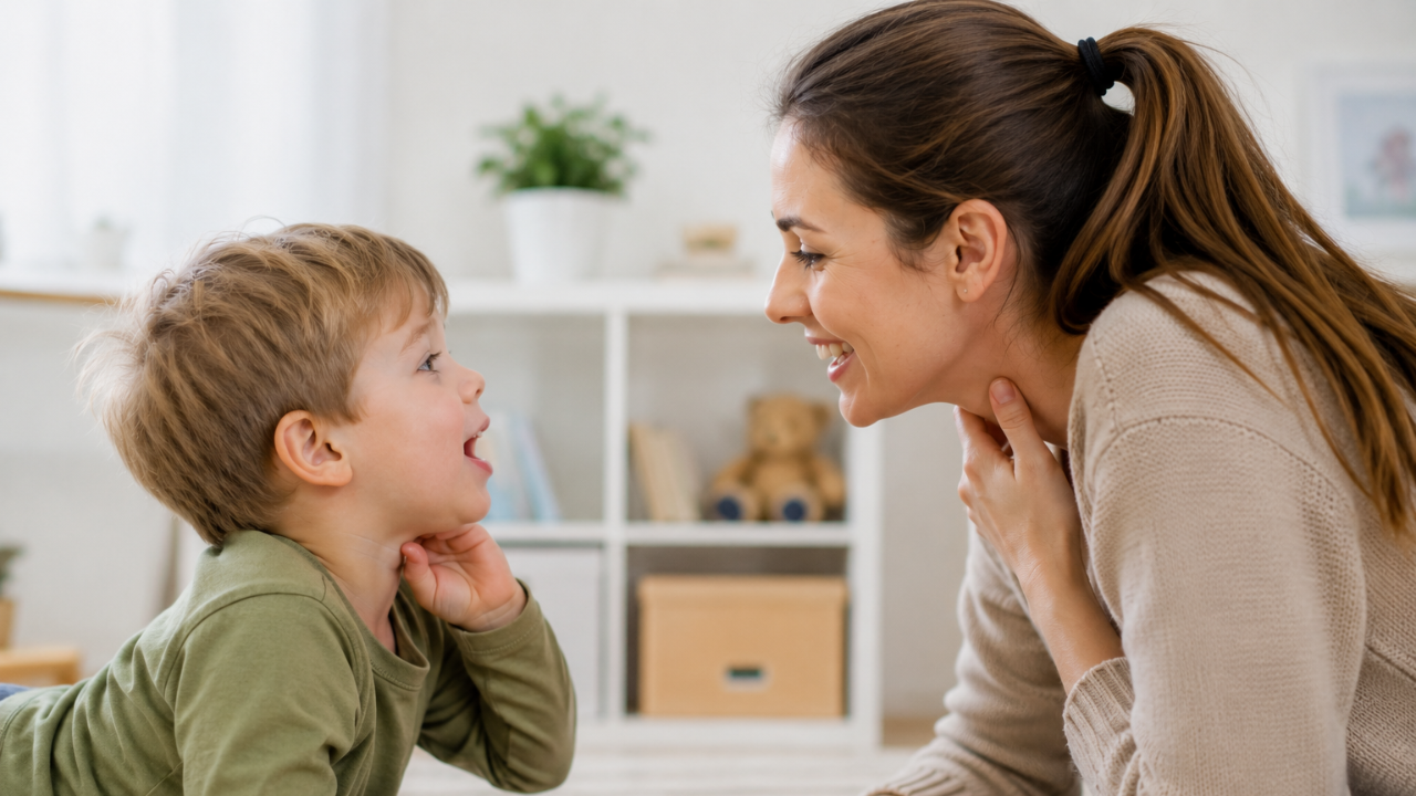 mamă care interacționează și comunică afectuos cu copilul pentru dezvoltarea limbajului și conectării