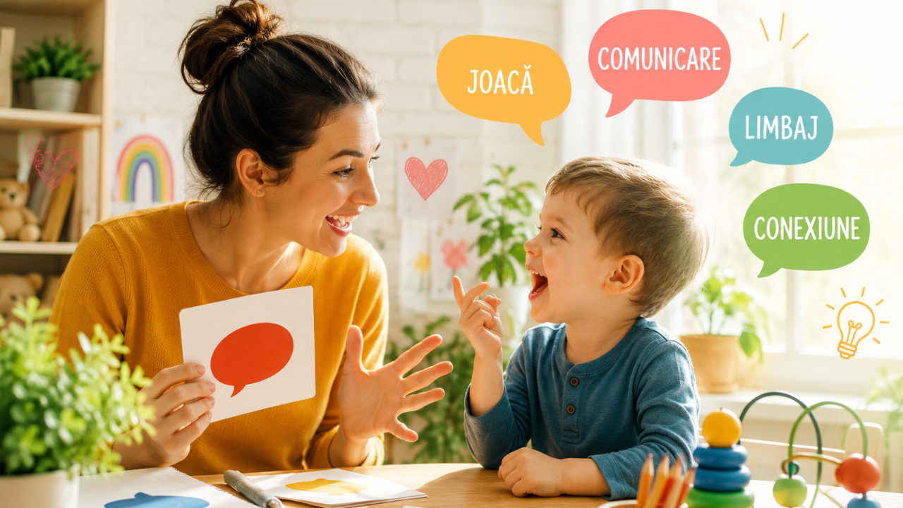 mamă care lucrează acasă cu copilul pentru dezvoltarea limbajului și comunicării prin joacă și interacțiune