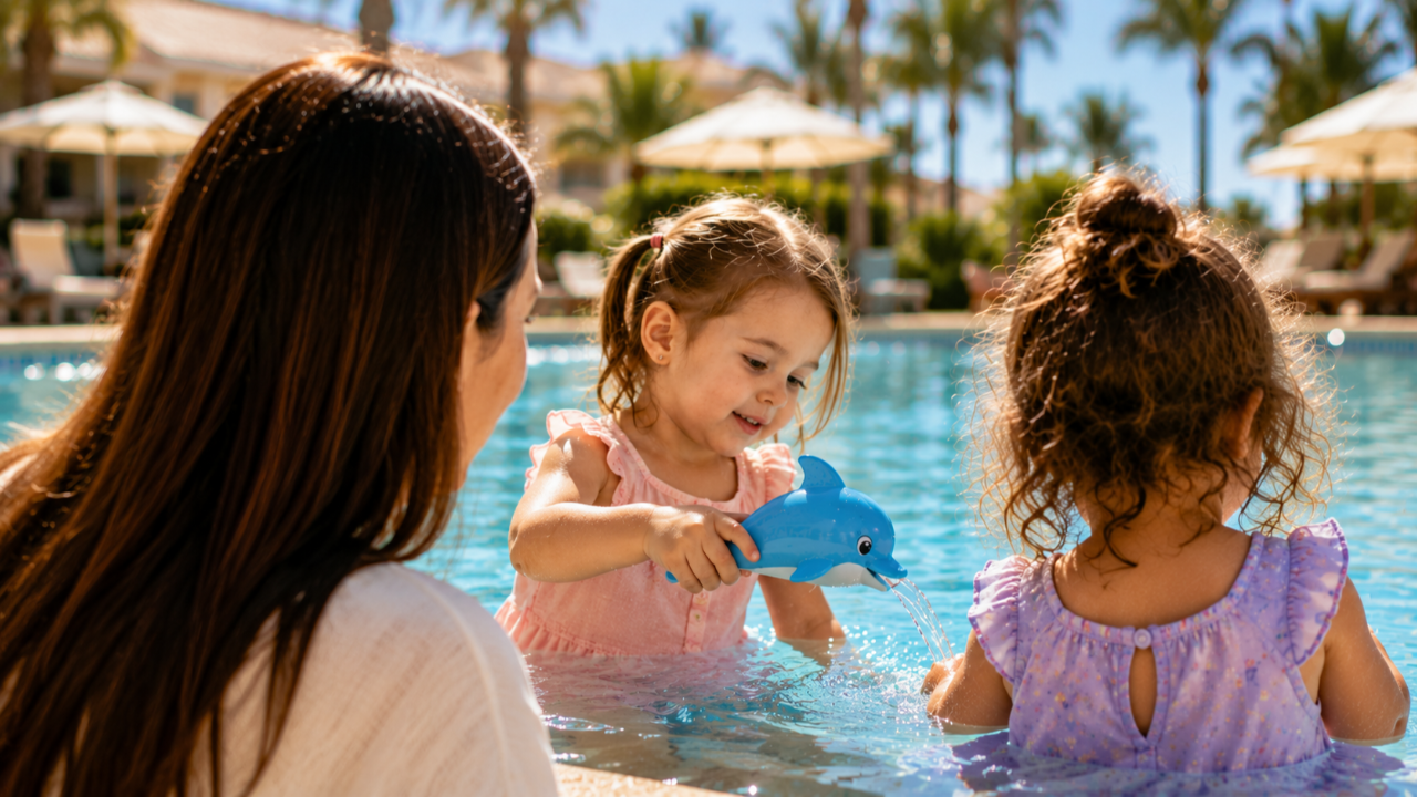 Mamă și două fetițe mici care se joacă în piscină și învață prin joacă să comunice și să ceară apă folosind cuvântul „toarnă”.