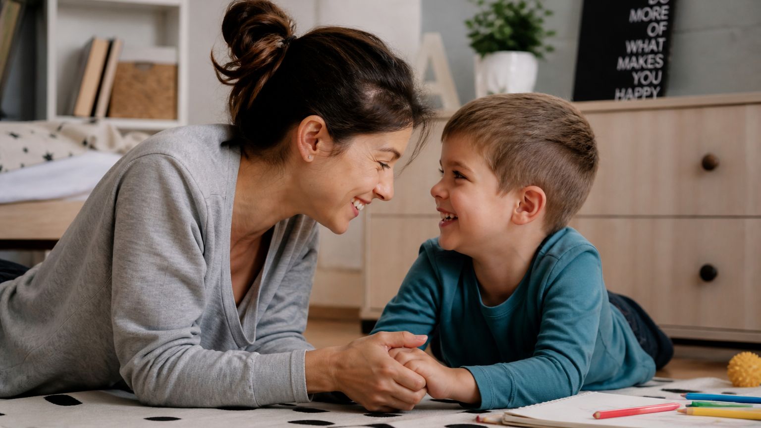 mamă care interacționează cu copilul pentru dezvoltarea limbajului și conectării emoționale