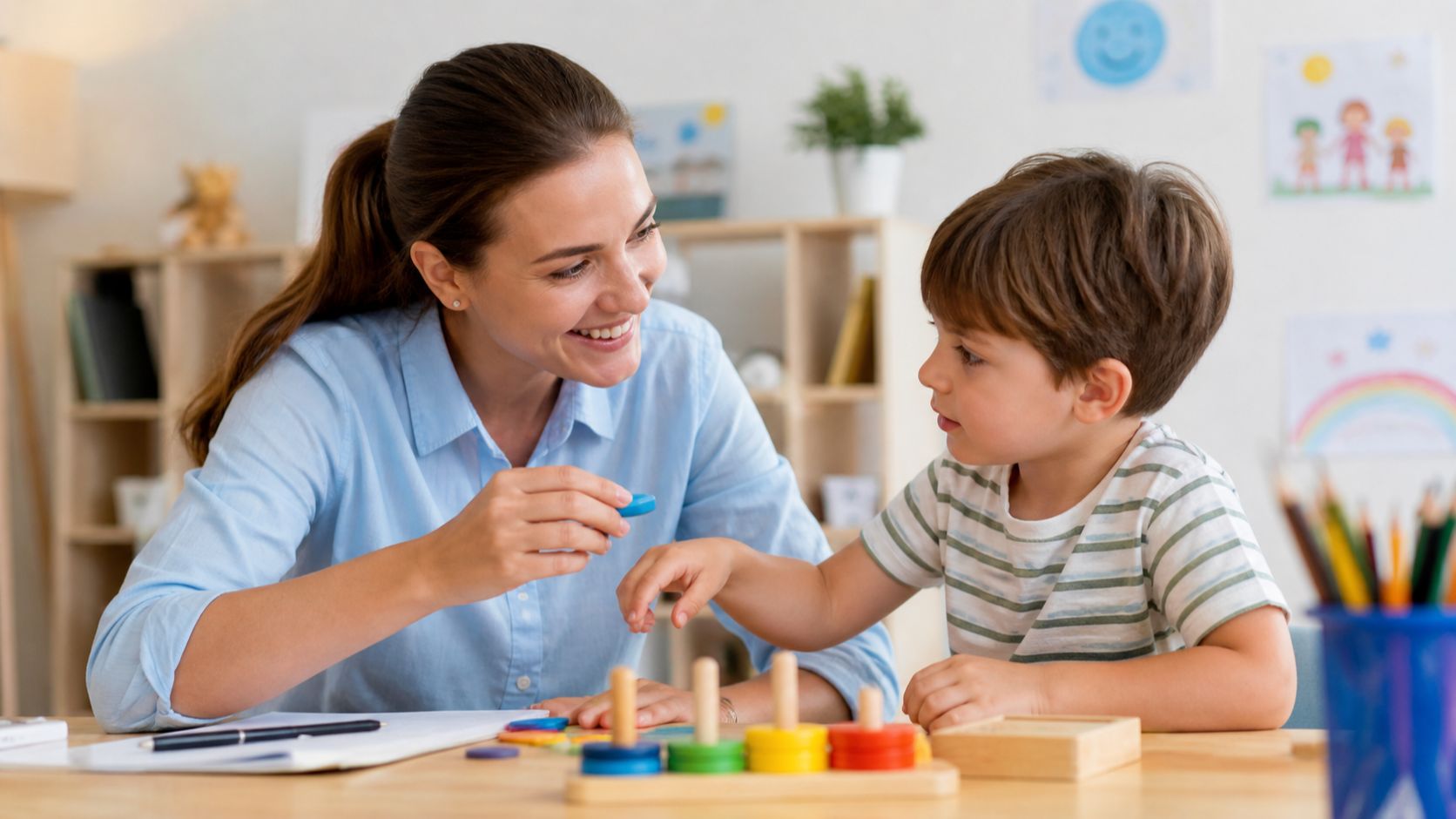 mamă care lucrează cu copilul la dezvoltarea limbajului și jocului folosind jucării educaționale