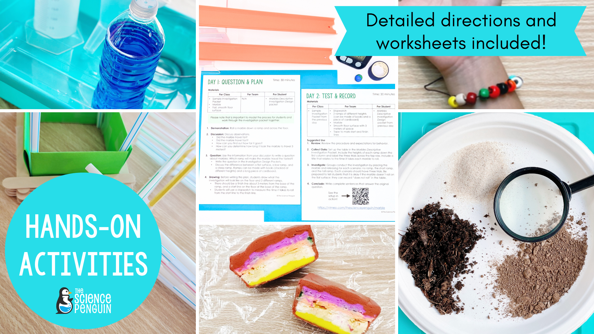Hands-on activities with directions and worksheets