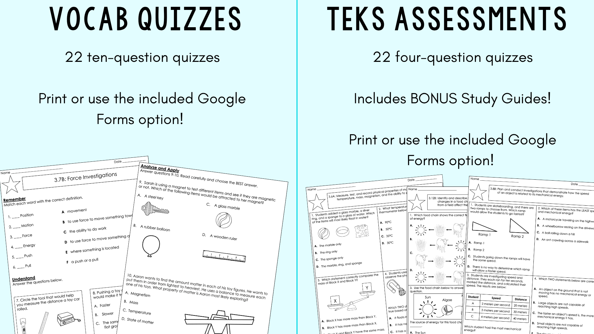 Vocab quizzes and TEKS assessments