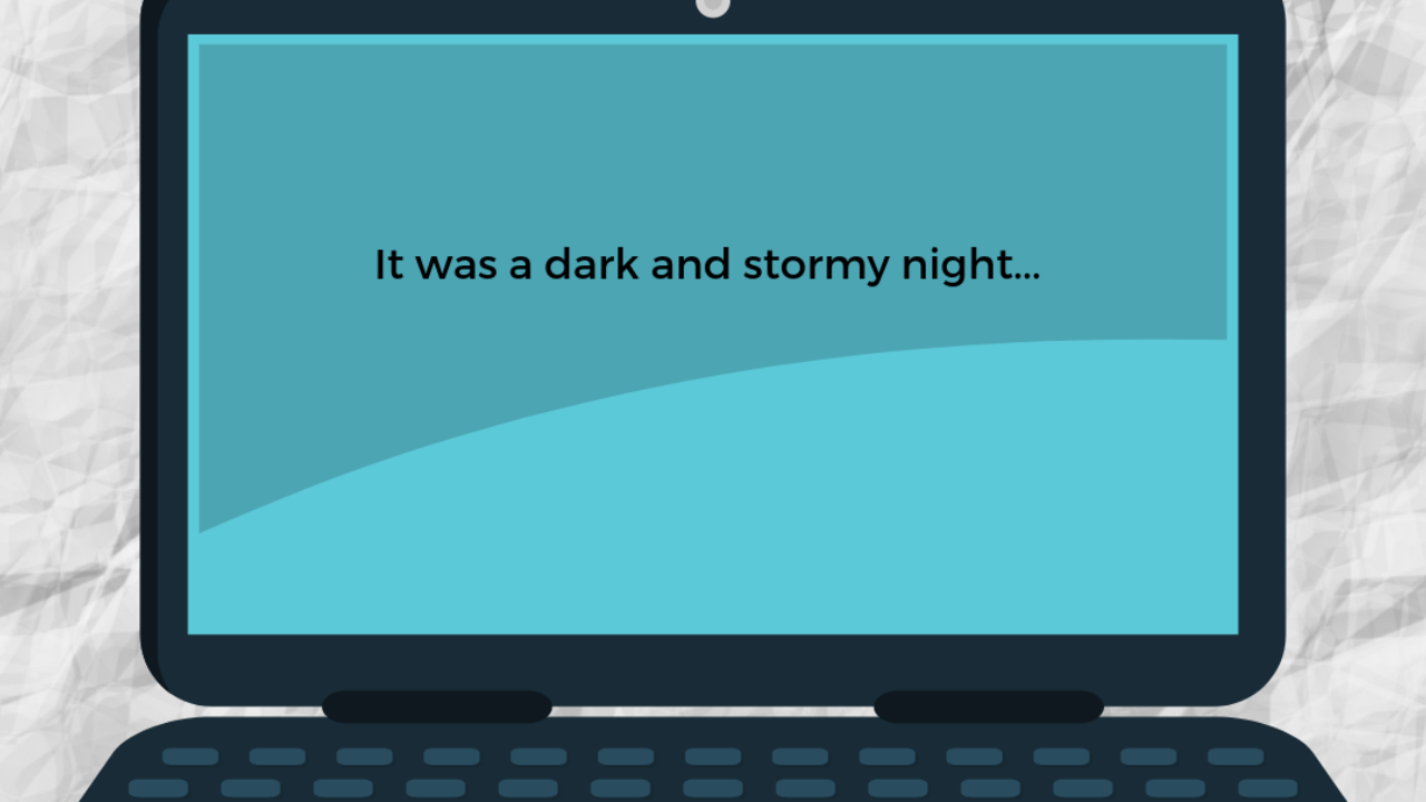 Graphic image of a laptop computer with words on the screen reading "It was a dark and stormy night." 