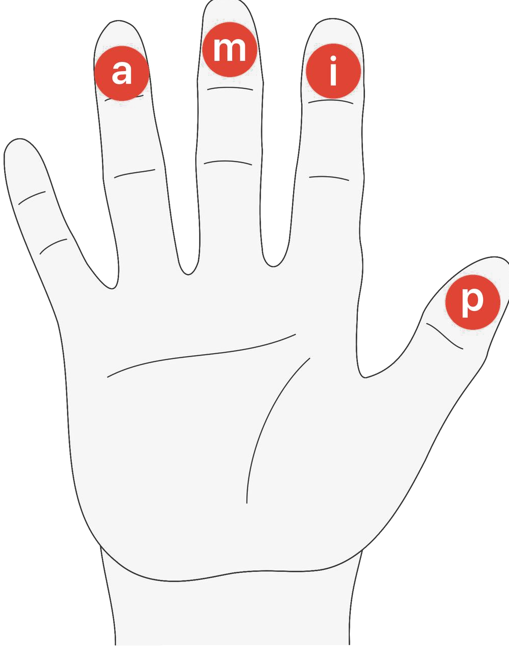 Picking hand with p, i, m and a marked on the thumb and fingers