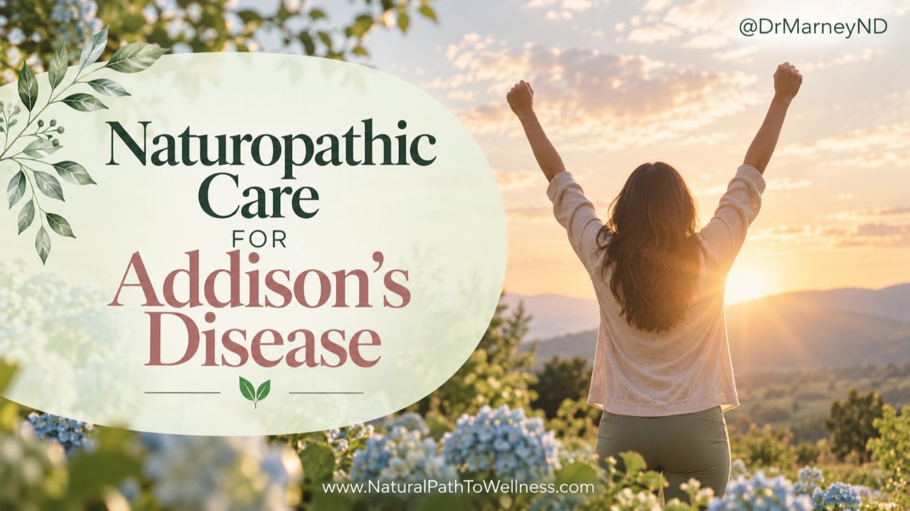 Naturopathic care for Addison’s disease graphic featuring a woman standing with raised arms at sunrise, surrounded by soft greenery and blue flowers.