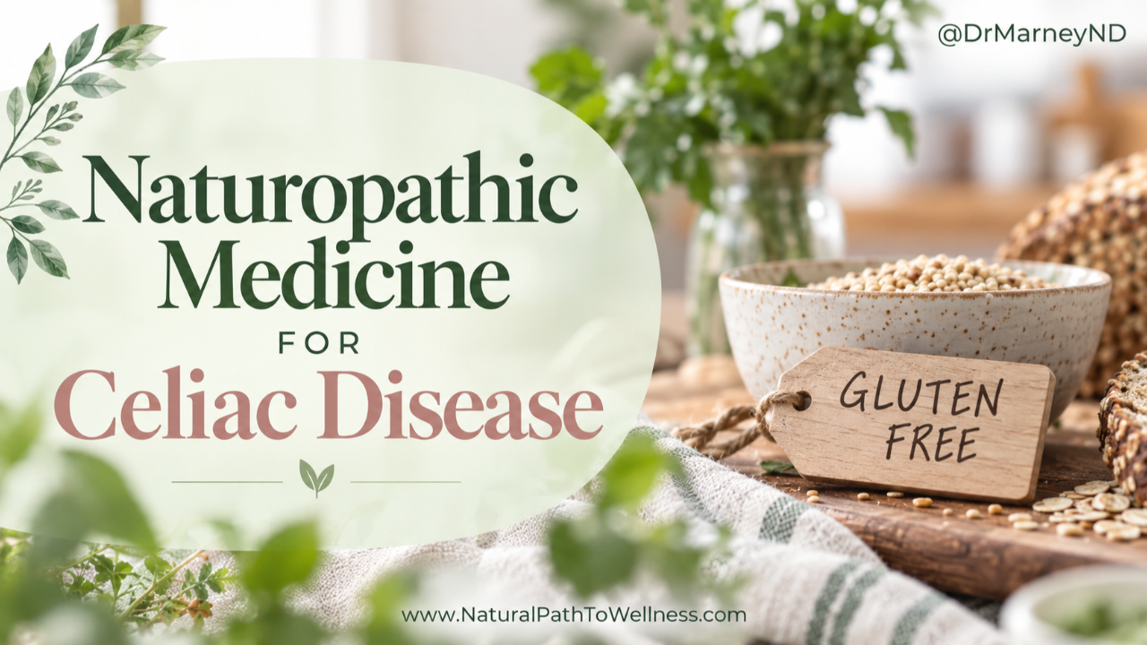 Naturopathic medicine for celiac disease graphic featuring a gluten-free tag, bowl of grains, seeded bread, greenery, and soft sage botanical styling.
