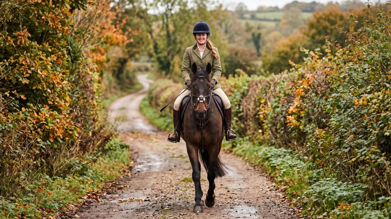 Smiling rider on a bay horse walking along a country lane
