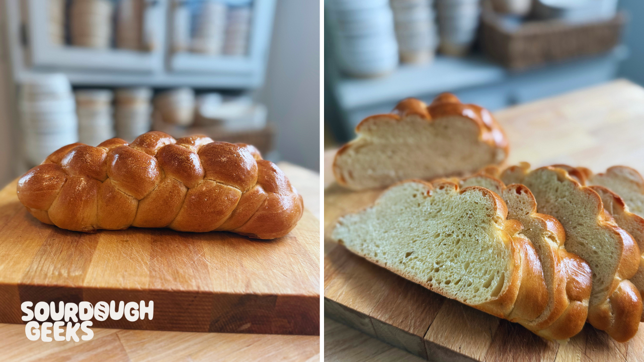 2 images of a braided challah, one whole, one cut to reveal crumb