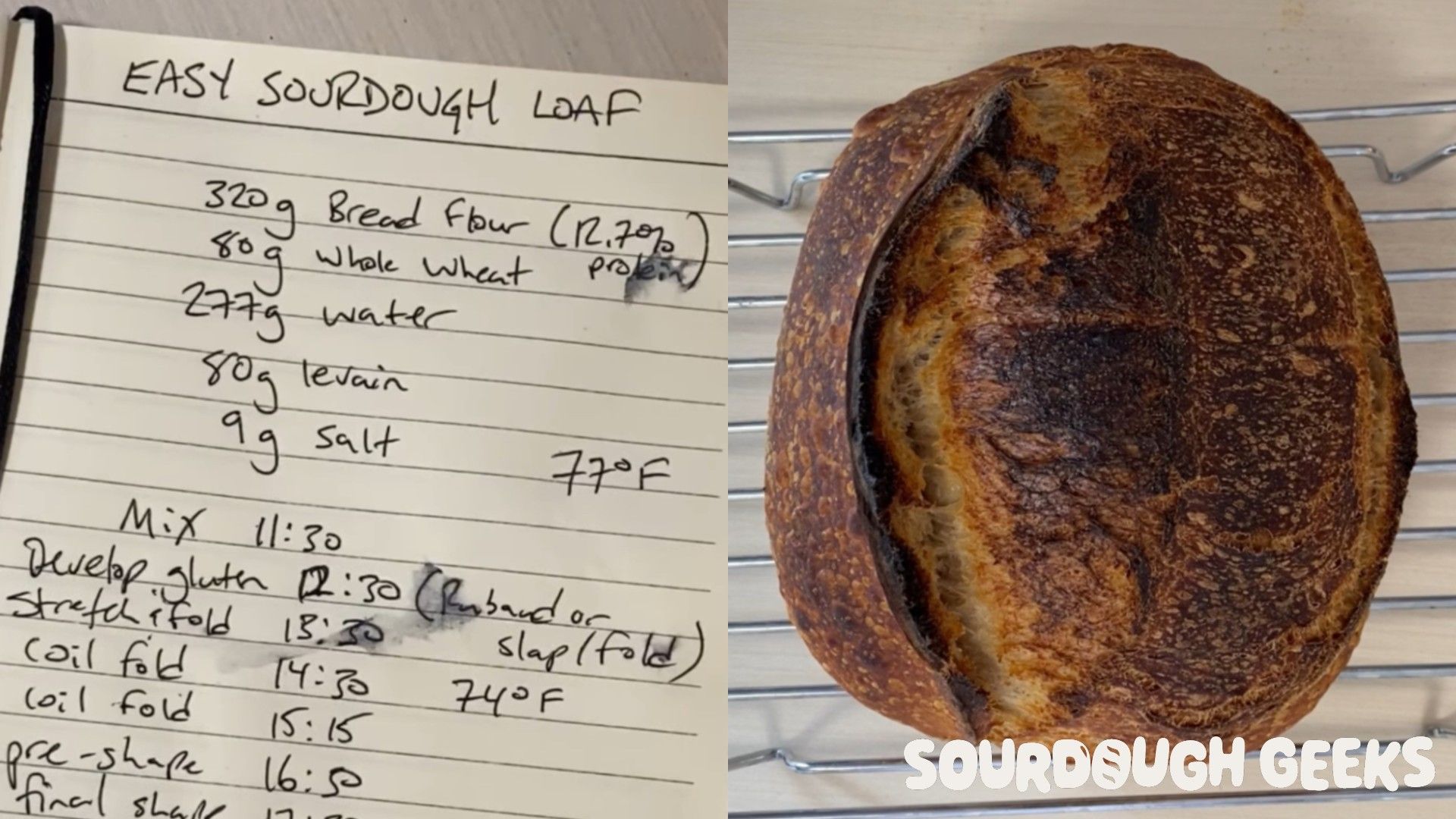 a page from the baker's notebook, alongside an image of the final sourdough loaf.