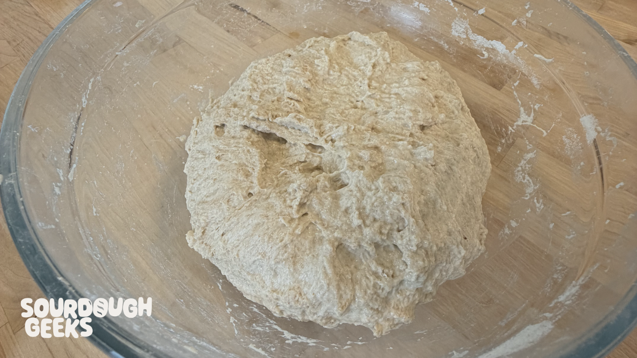 a large glass mixing bowl holds a rough ball of dough, early on in the mix