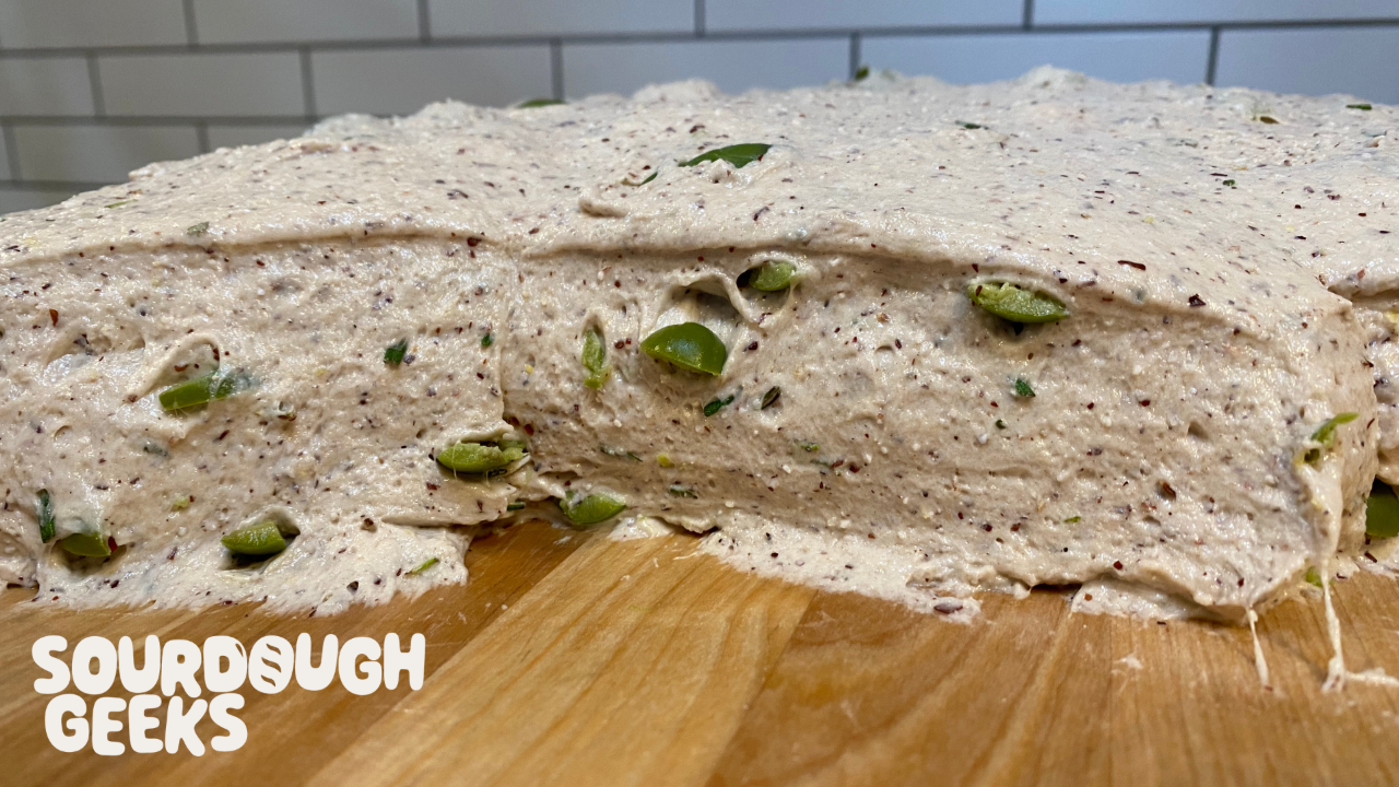 raw sourdough with inclusions, olives