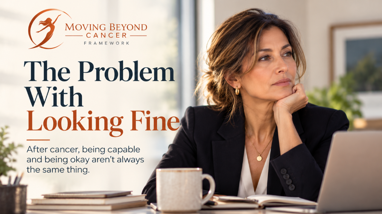 Professional woman sitting thoughtfully at her desk, featured in a Moving Beyond Cancer article titled The Problem With Looking Fine.  Copy