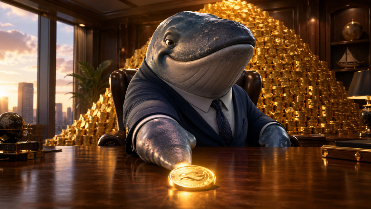 Michael Saylor Bitcoin sale illustrated as a whale in a suit sliding a gold coin across a desk