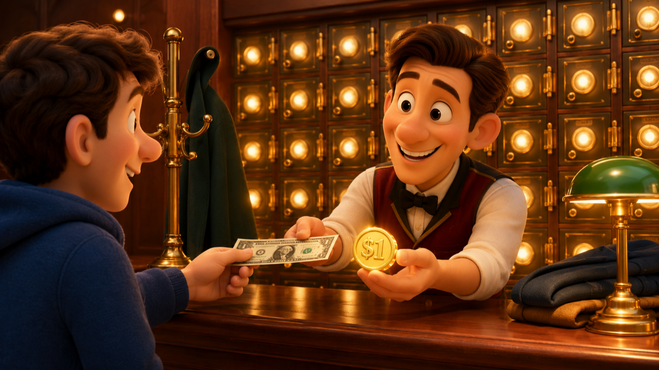 Cartoon cloakroom attendant swapping a dollar bill for a glowing digital token, illustrating how the Open USD stablecoin works