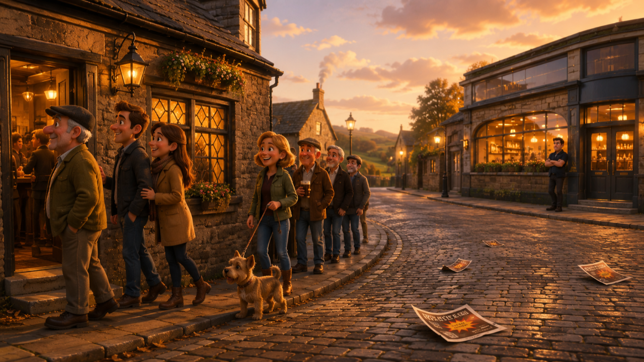 Small Yorkshire village pub with a queue of locals outside while a much larger chain pub down the street sits empty, illustrating how attacks from giants often backfire