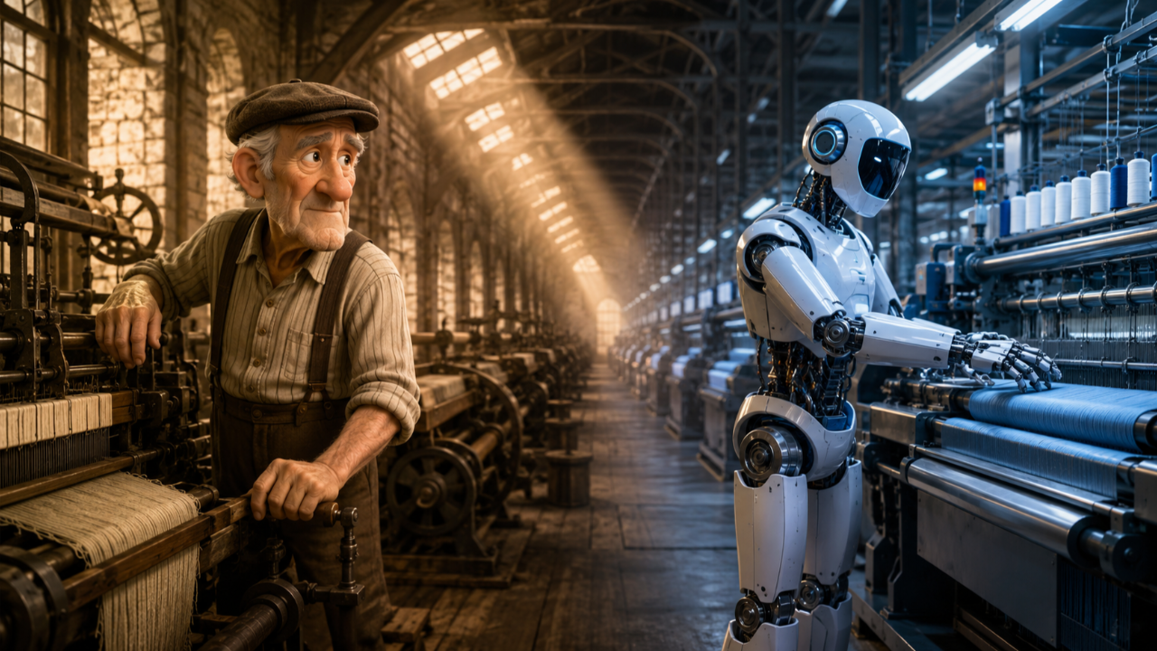 Elderly Yorkshire mill labourer in flat cap looking thoughtfully at a sleek modern humanoid robot working in the same factory, illustrating the historical evolution of physical labour