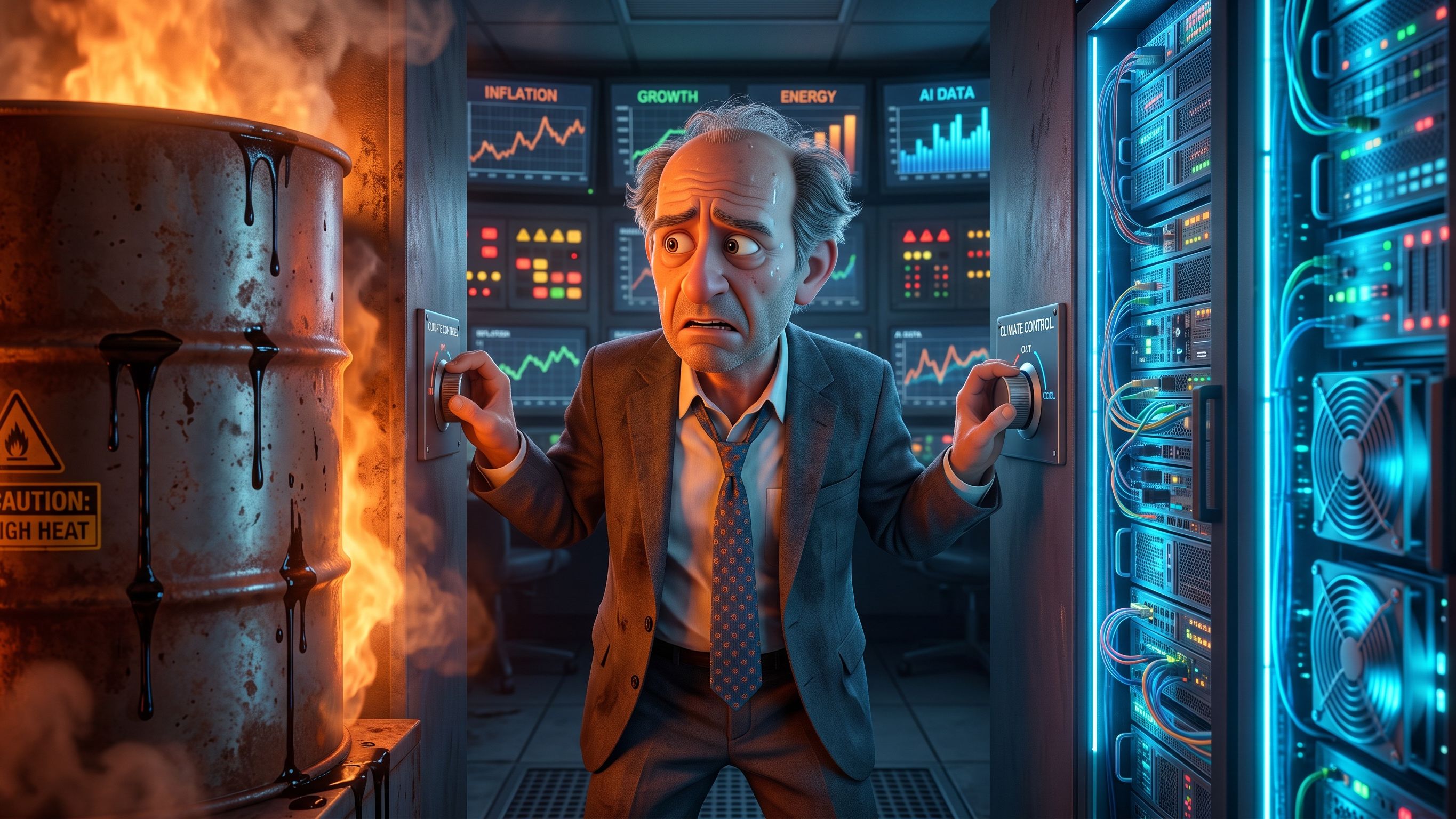 Cartoon Federal Reserve chairman squeezed between an oil barrel and a glowing AI data center