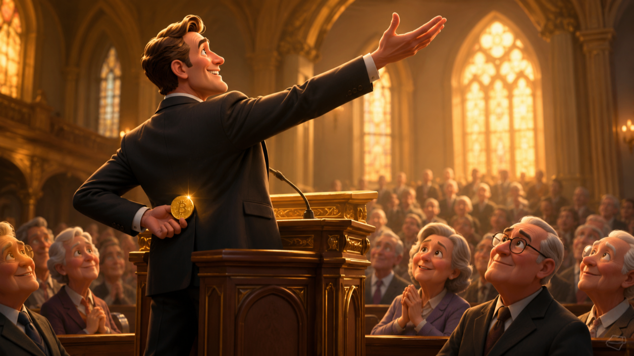 Cartoon stage preacher hiding a gold Bitcoin coin behind his back from an audience of older investors