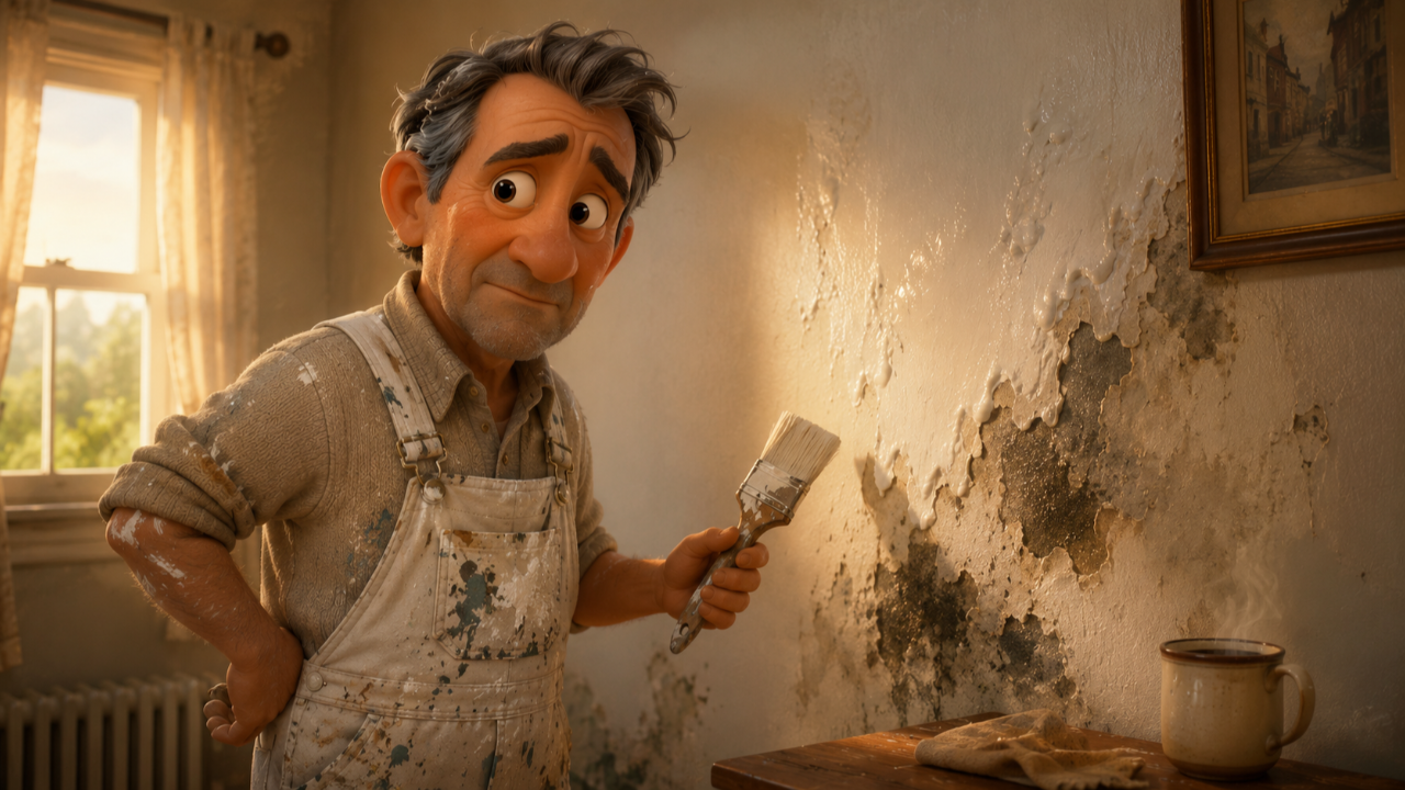 British builder in paint-splattered overalls standing before a wall where fresh white paint blisters over spreading damp patches, illustrating the futility of painting over underlying economic problems