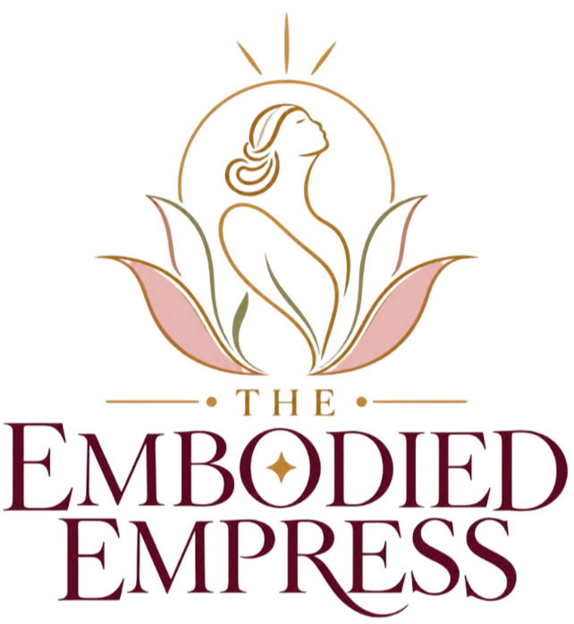  Graphic of a woman blooming forward out of a flower toward the sun with the words 'The Embodied Empress' as her foundation
