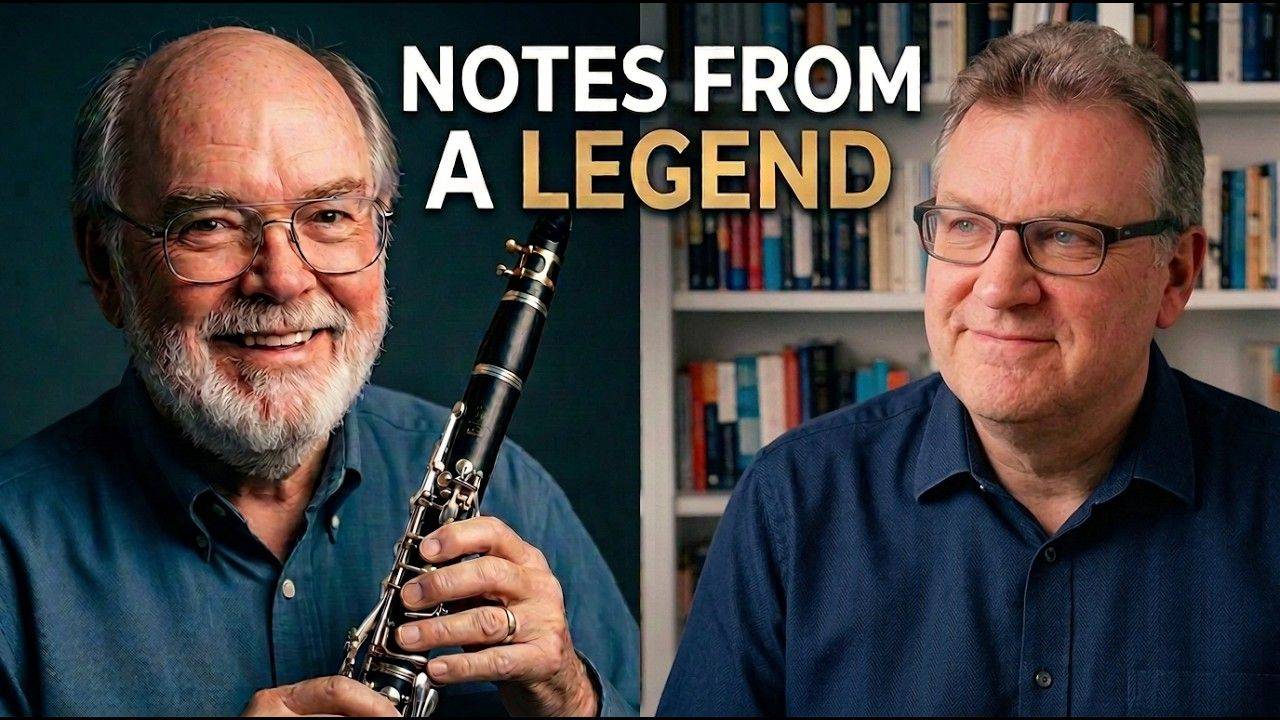 Gary Foster holding a clarinet across from Jay Hassler the words "notes from a legend" are across the top