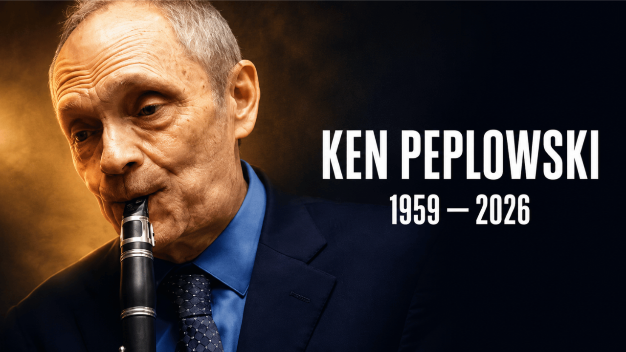 Ken Peplowski playing clarinet with his name and the dates of his life underneath