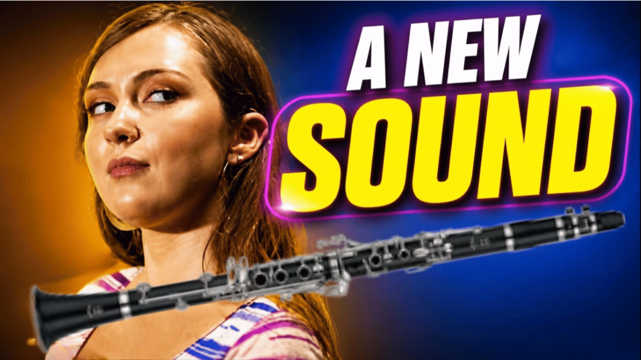 Virginia Macdonald holding a clarinet with the words "a new sound" next to her