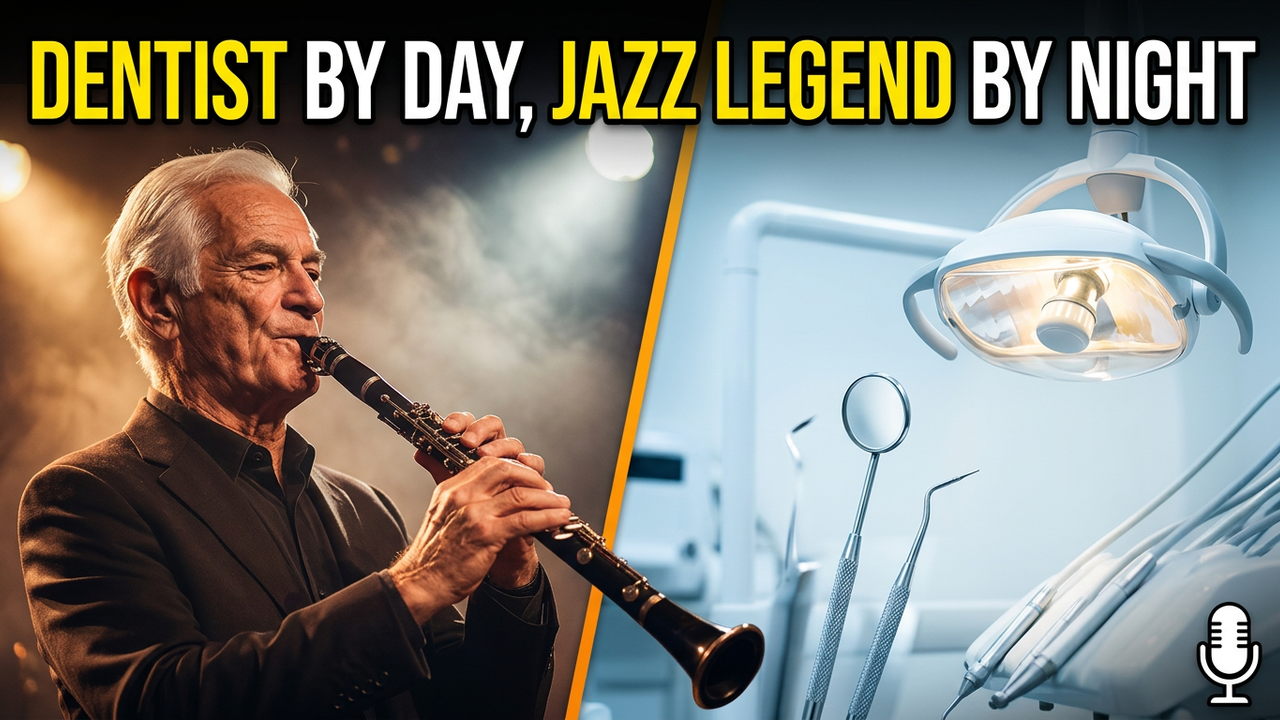 picture split into two halves. Ron Odrich playing clarinet at night and detist equipment on the other half