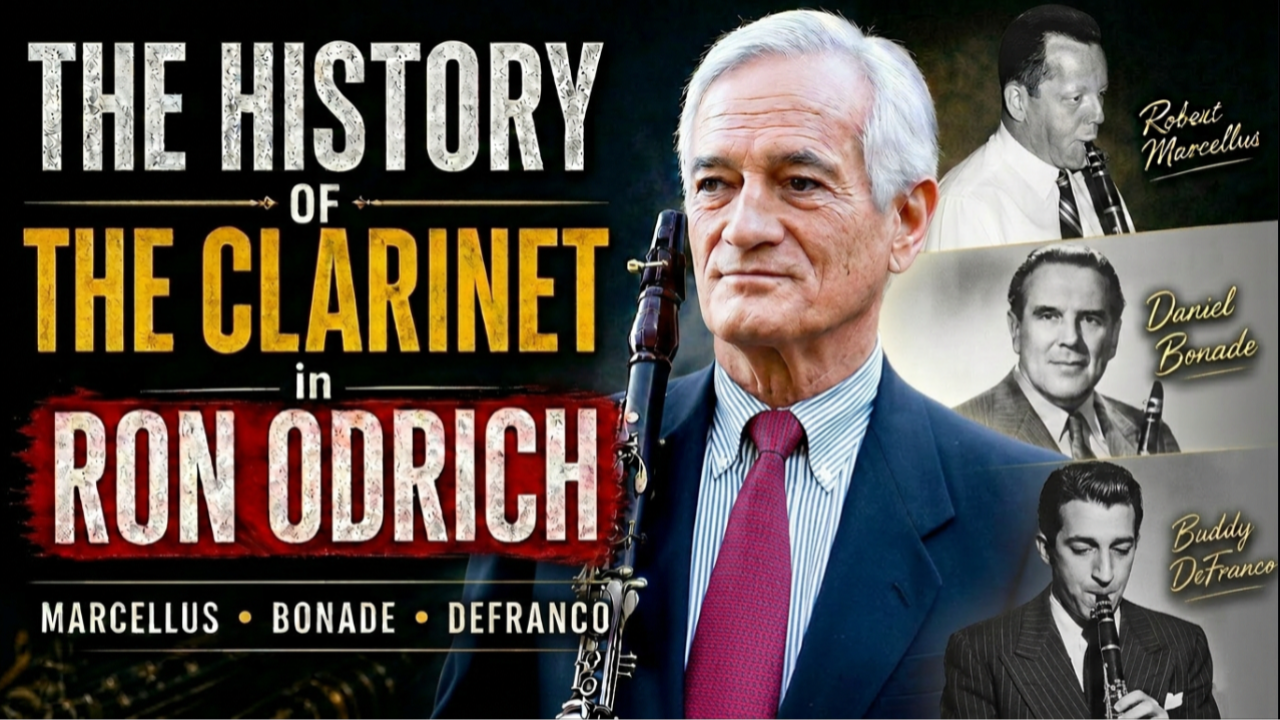 a picture of ron odrich holding a clarinet with robert marcellus, daniel bonade and buddy defranco along the right side. the words"the of the clarinet in Ron Odrich in bold on the right side