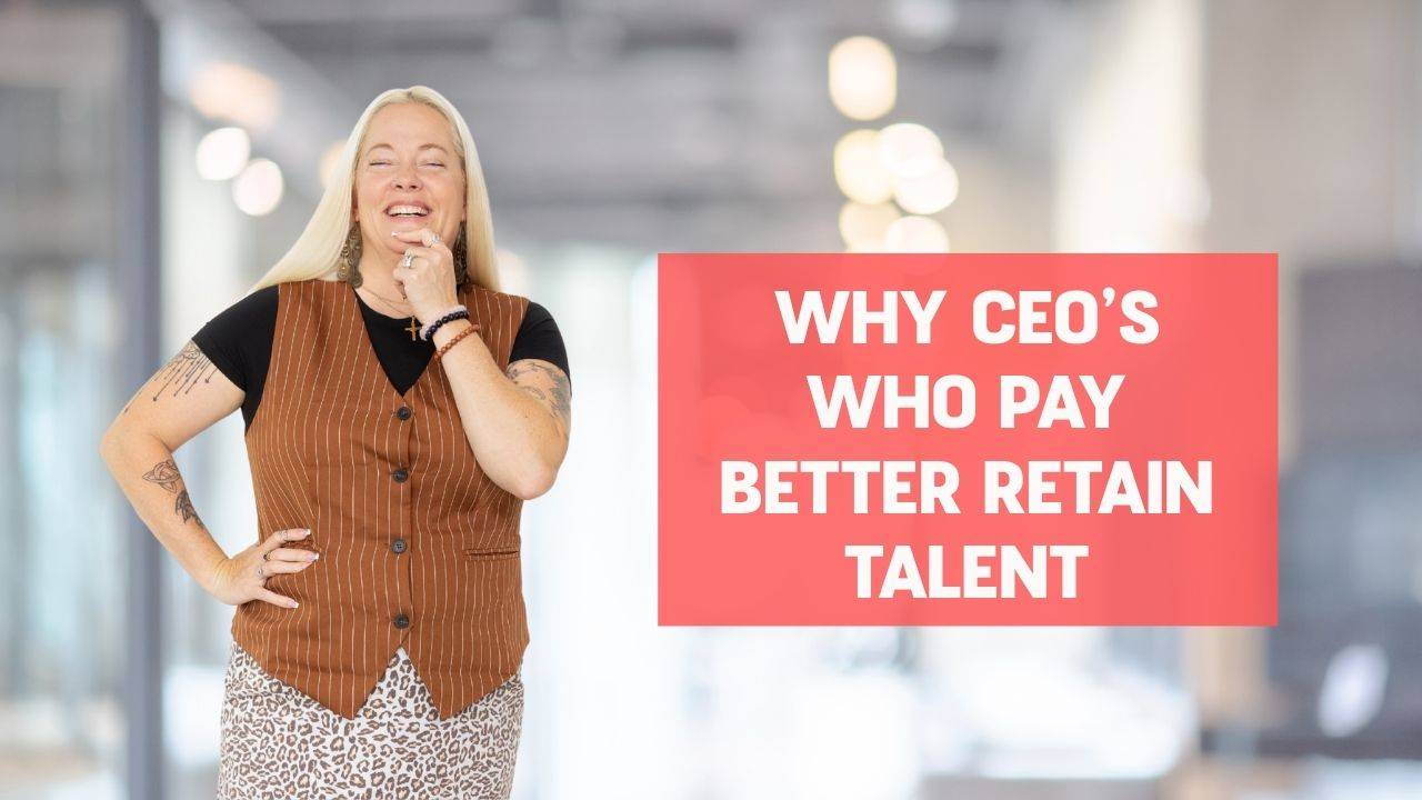 Blonde woman in black shirt, brown striped vest, and leopard print shirt smiling and posing with one hand on her hip and the other hand on her chin with words on the screen that say, "Why CEOs who pay better retain talent"