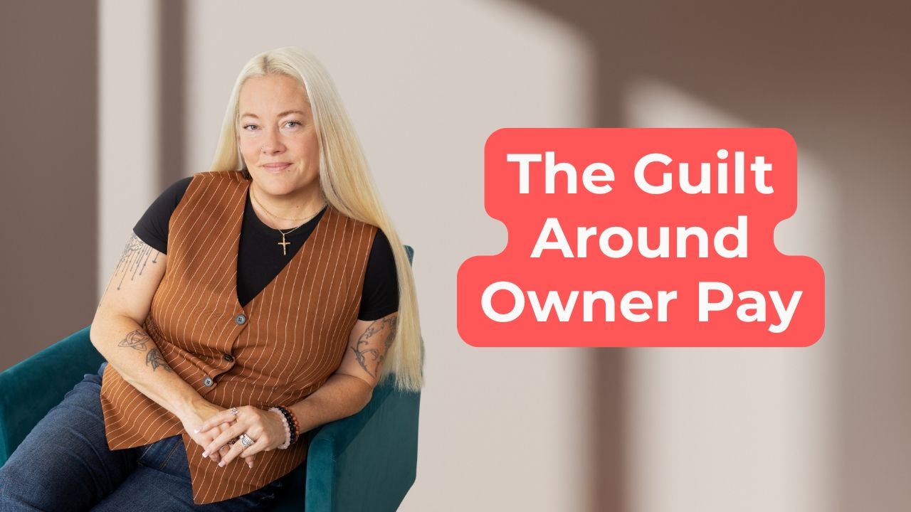 Woman sitting on a teal green chair wearing a Black t-shirt and Brown striped vest smiling and words on the screen that say,"The Guilt Around Owner Pay"