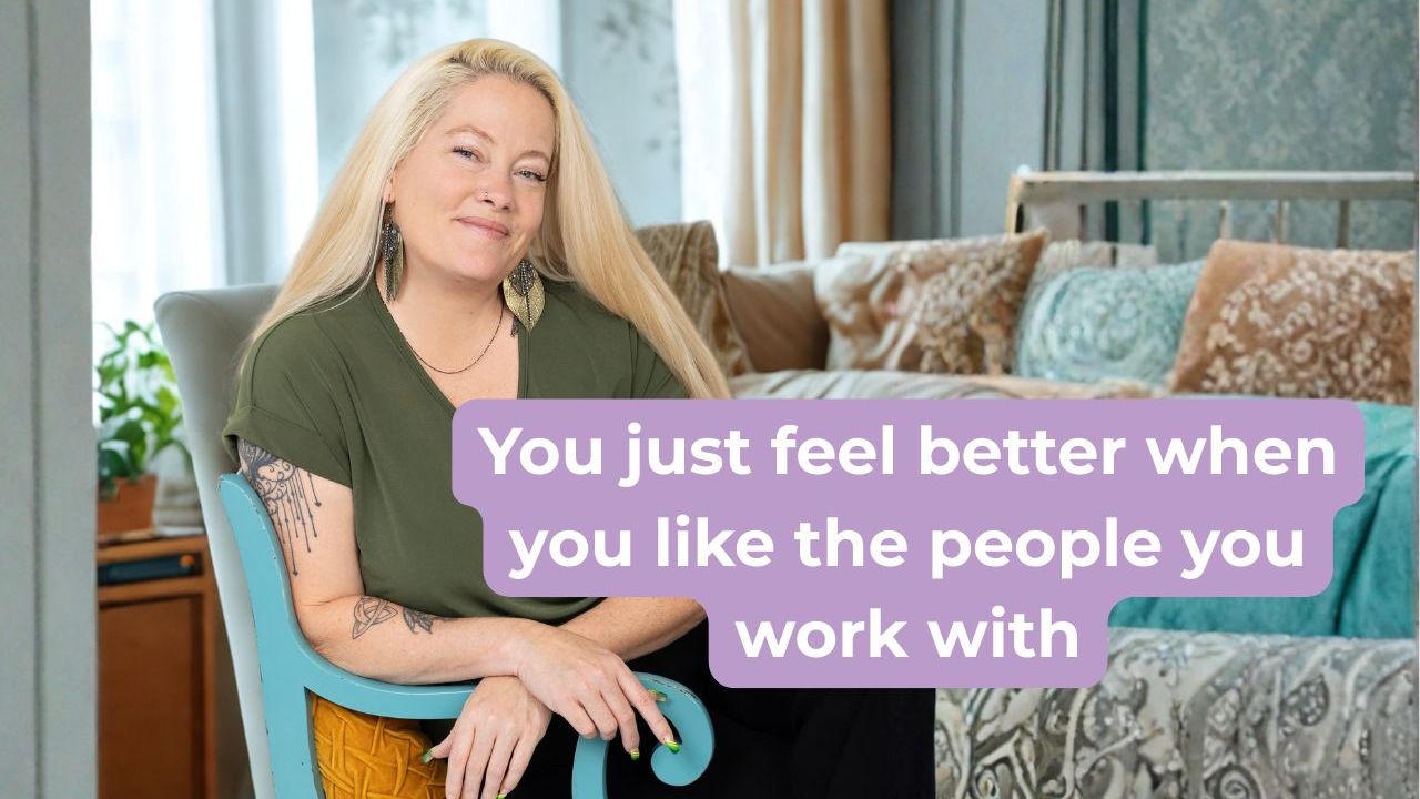 woman in green shirt smiling with words on screen that say " You just feel. better when you like the people you work with"