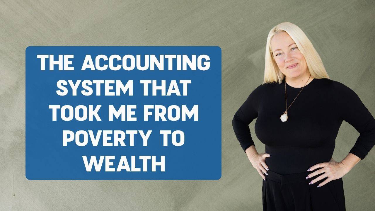 Woman wearing black long sleeve shirt and black jeans posing with her hands on her hips and smiling with words on the screen that say, "The Accounting System That Took Me From Poverty to Wealth"