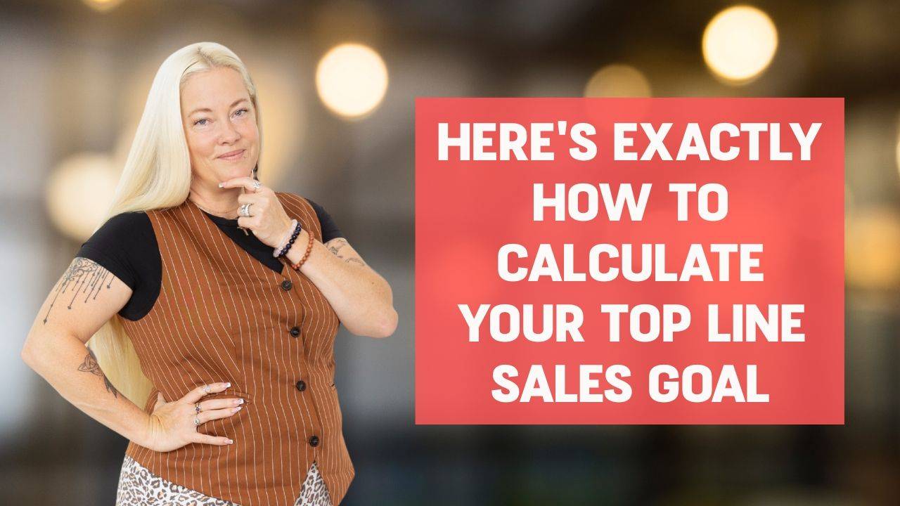 Woman wearing a black shirt, brown striped vest, and leopard print skirt with an arm on her hip and the other on her chin smiling with words on the screen that say, "Here's Exactly How to Calculate Your Top Line Sales Goal"