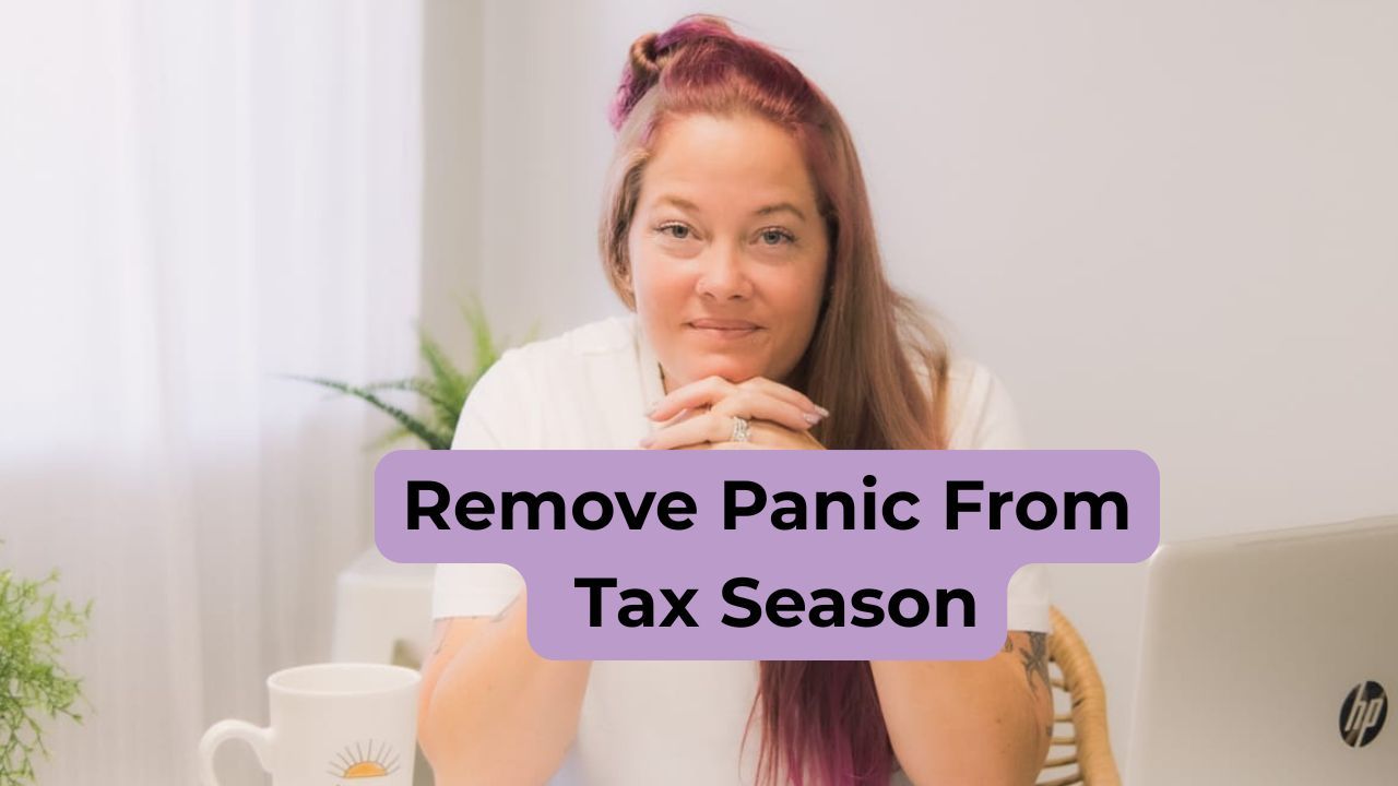 Woman wearing a white shirt smiling and hands on her chin with words on the screen that say, "Remove panic from tax season"