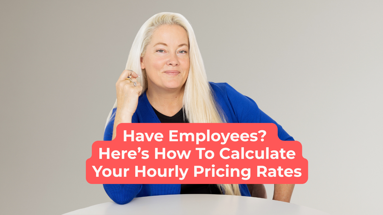 Woman in blue blazer with words on screen that say, "Have Employees? Here’s How To Calculate Your Hourly Pricing Rates"