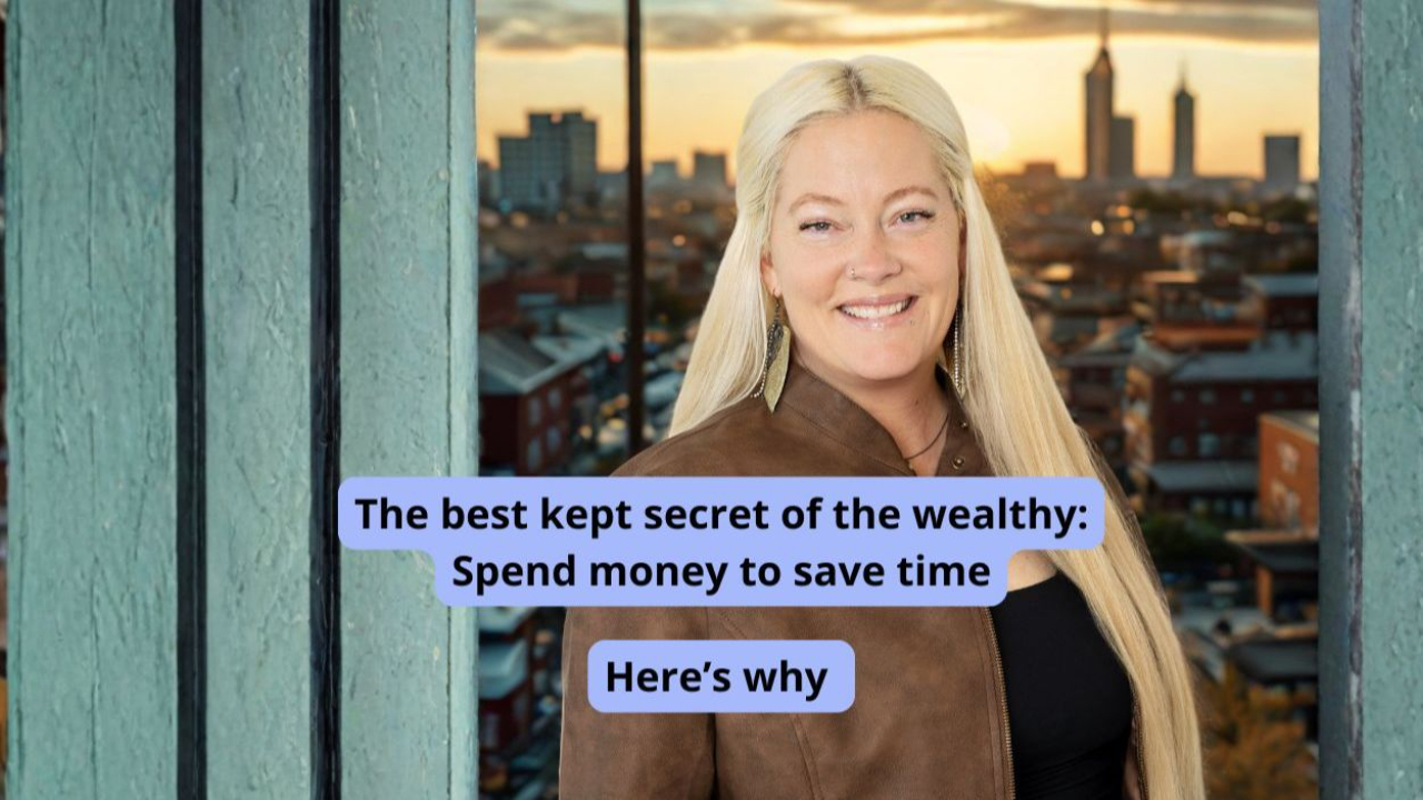 Woman in brown leather jacket smiling with words on the screen that say "the best kept secret of the wealth: spend money to save time, here's why"