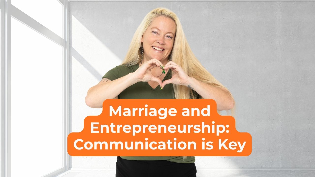 Woman wearing a green shirt, smiling, and making a heart shape with her hands with words on the screen that say, "Marriage and Entrepreneurship: Communication is Key"