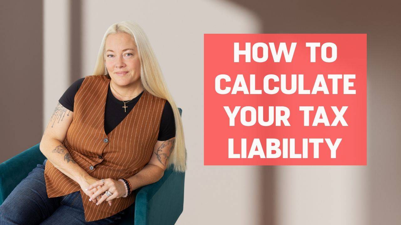 Woman wearing black shirt and brown vest sitting on a turquoise armchair smiling and words on the screen that say, "How To Calculate Your Tax Liability" 