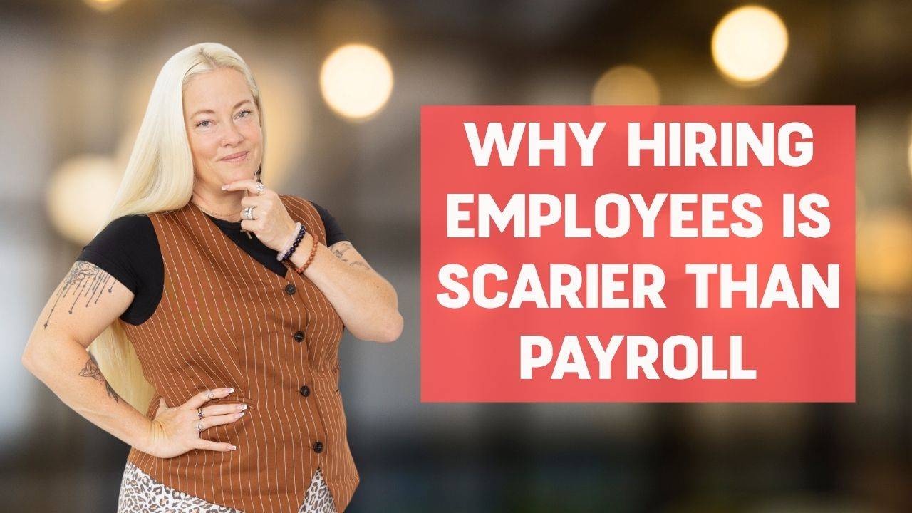 Blonde woman in black shirt and brown striped vest and leopard print skirt smiling and posing with on hand on her hip and the other on her chin with words on the screen that say, "Why Hiring Employees Is Scarier Than Payroll"