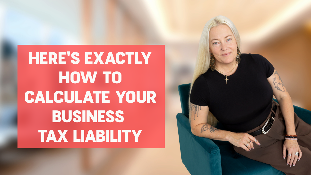 Women in black shirt and brown pants sitting on a turquoise arm chair with her elbow propped up on one side smiling with words on the screen that say, "Here's Exactly How to Calculate Your Business Tax Liability." 