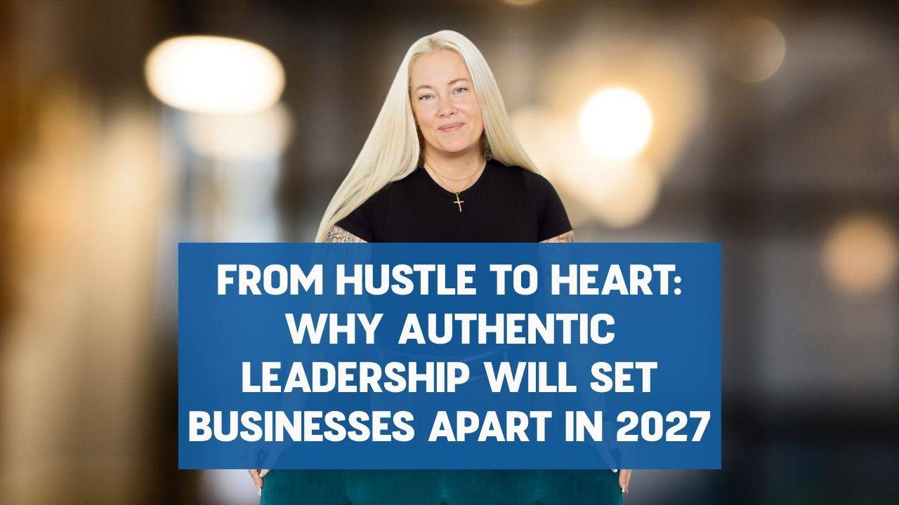 Blonde women wearing a black shirt standing behind a turquoise chair with her hands on the chair and words on the screen that say, "From Hustle to Heart: Why Authentic Leadership Will Set Businesses Apart in 2027" 