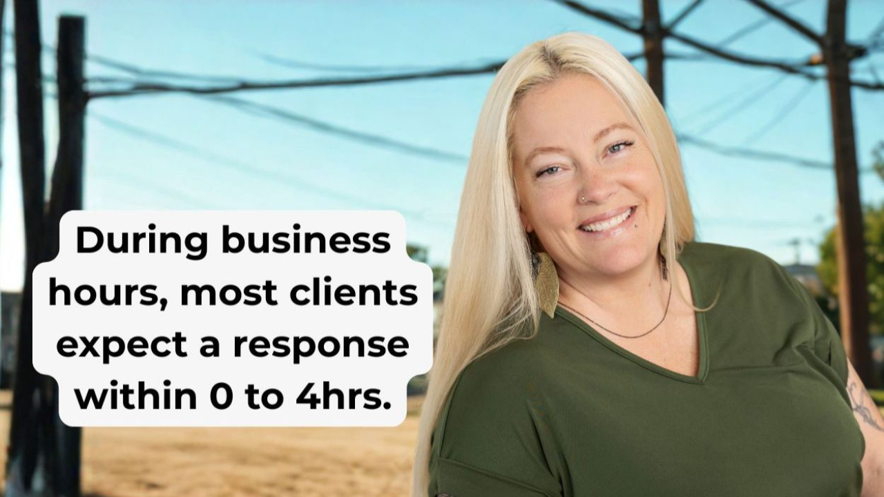 Woman in green shirt smiling with words on the screen that say "During business hours, most clients expect a response within 0 to 4hrs."