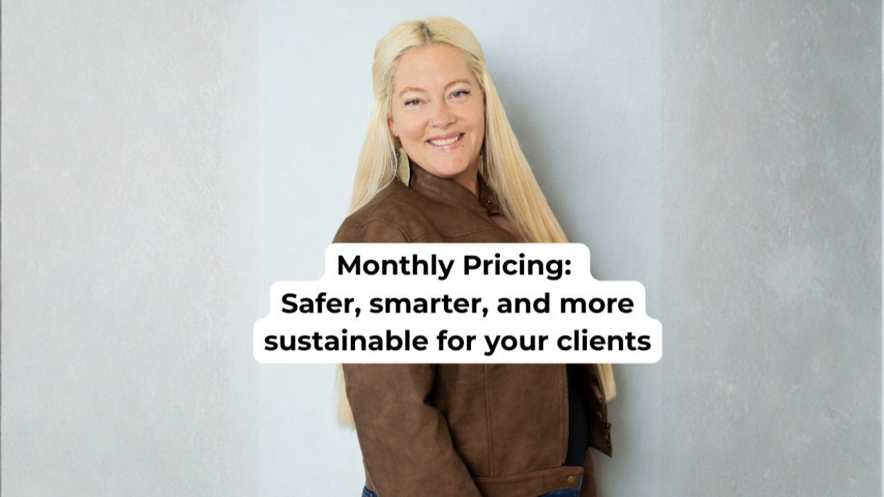 Woman smiling in brown leather jacket with words on the screen saying "Monthly Pricing: Safer, smarter, and more sustainable for your clients"