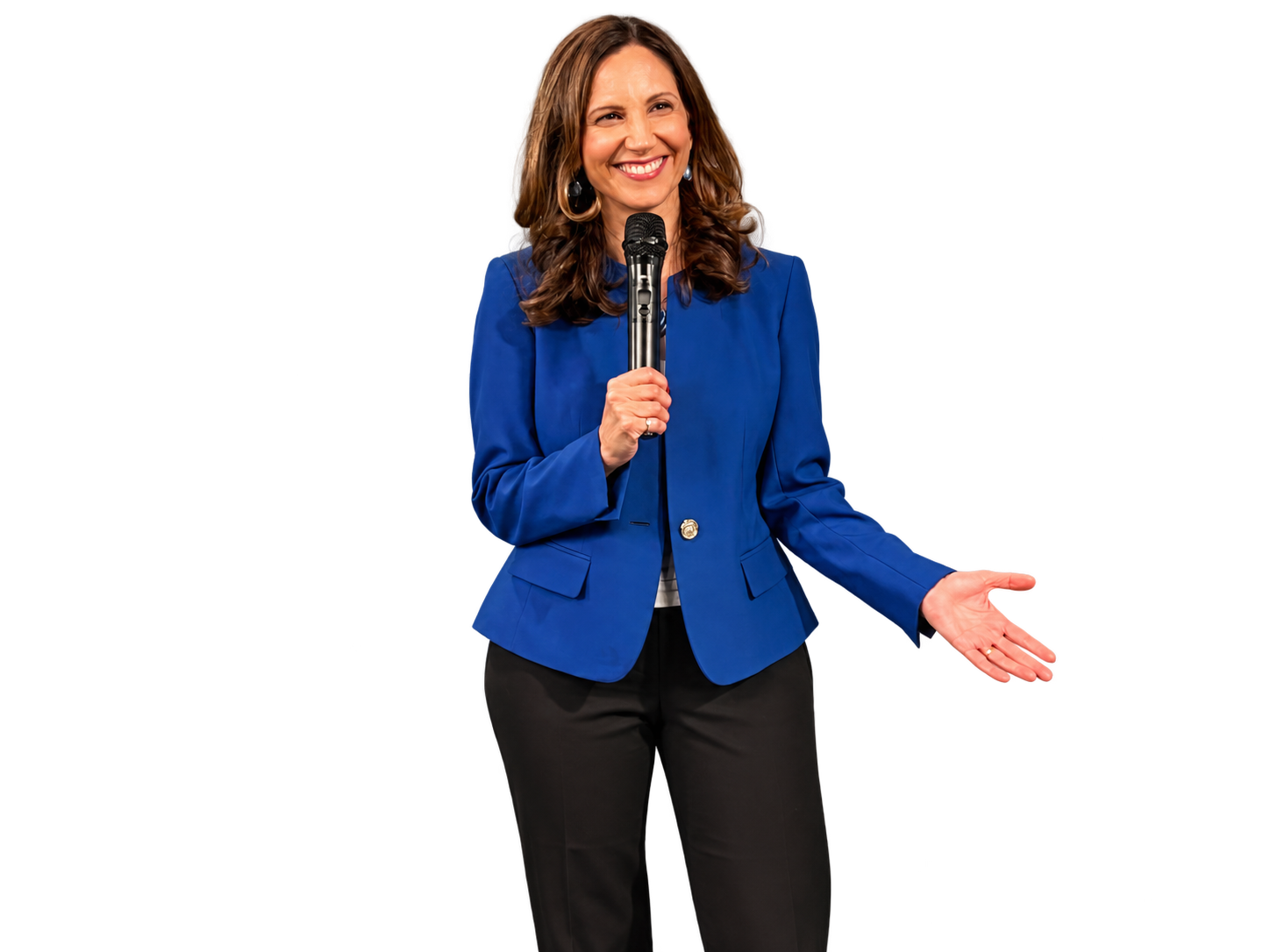 Vered Kogan speaking with a handheld microphone