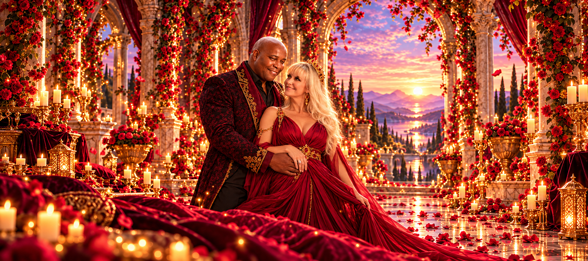 Michelle and her husband embracing in a rose-filled palace at sunset