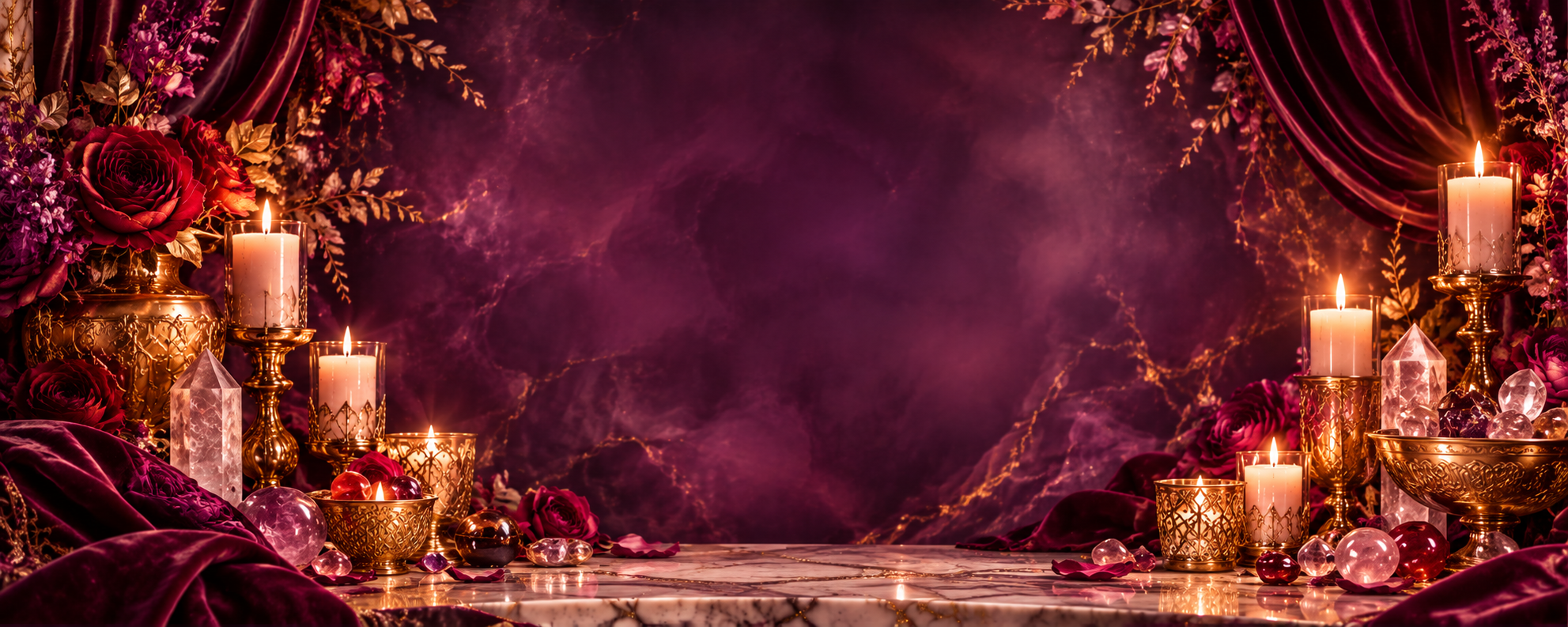 Plum velvet drapes, candles, gold vessels, crystals and roses around a marble table