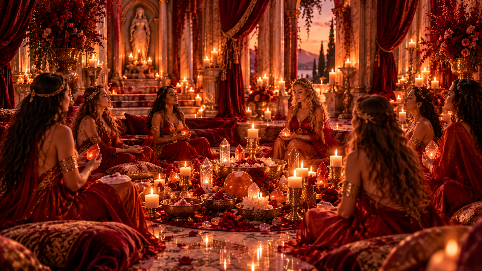 Women in crimson gowns gathered in a candlelit circle with crystals, roses and gold