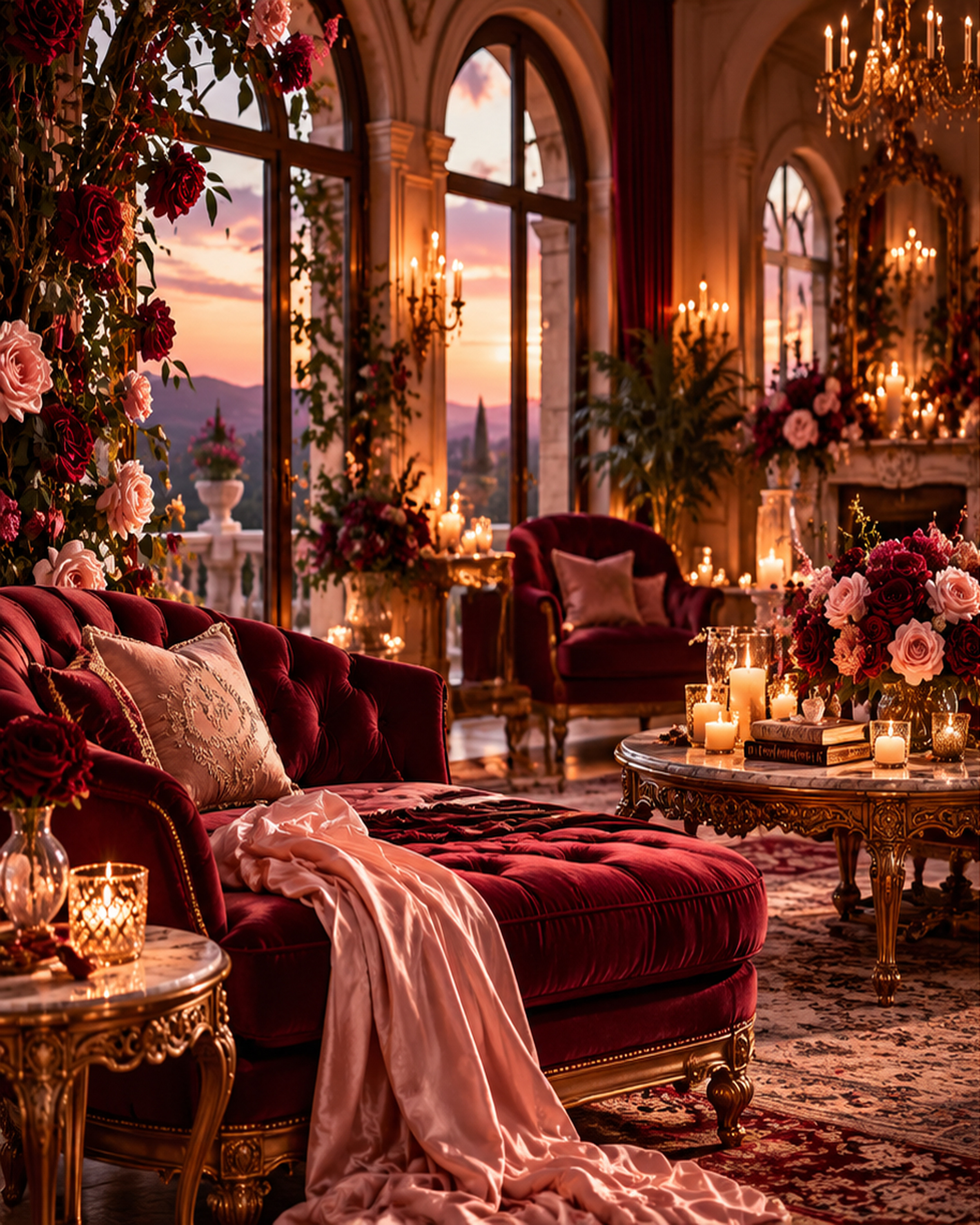 A candlelit palace salon with a ruby velvet chaise, blush silk, roses and antique gold at sunset